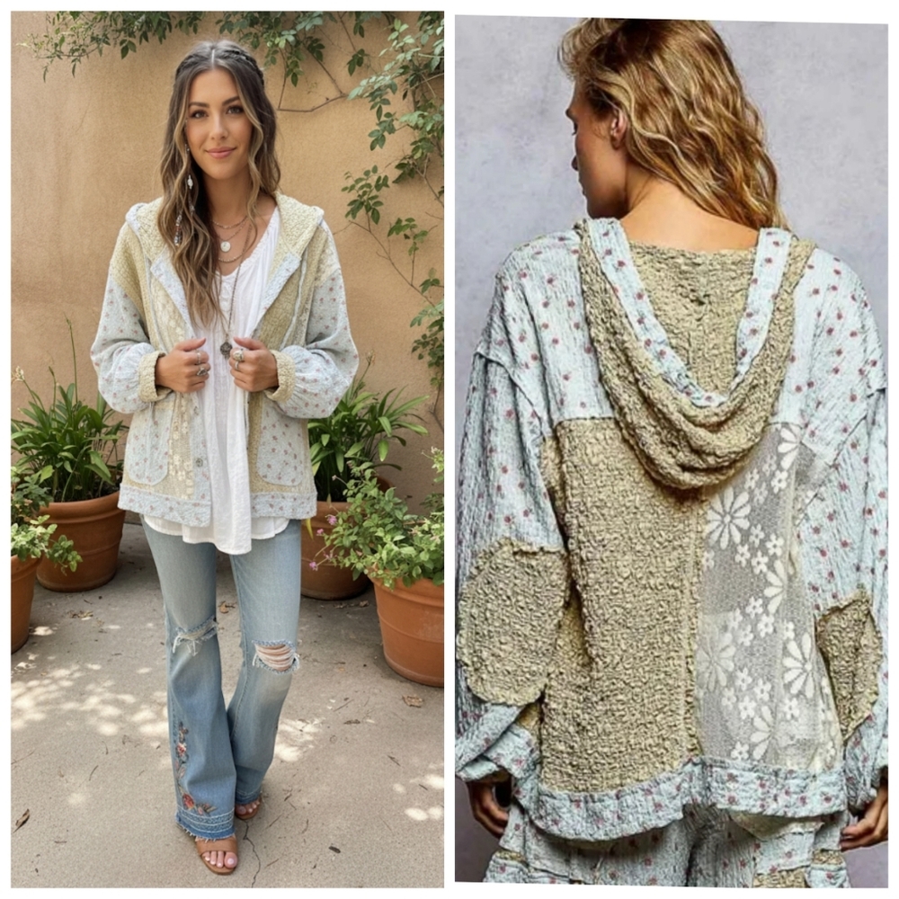 Pol Multicolor Patchwork Lace Floral Button Up Ho… - image 4